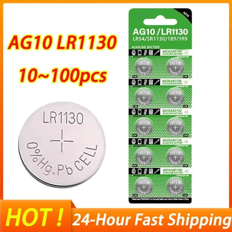 100/50/30/20/10pcs AG10 LR54 Button Battery Cell Coin 1.55V SR54 389 189 LR1130 Alkaline Button Batteries For Watch Toys Remote