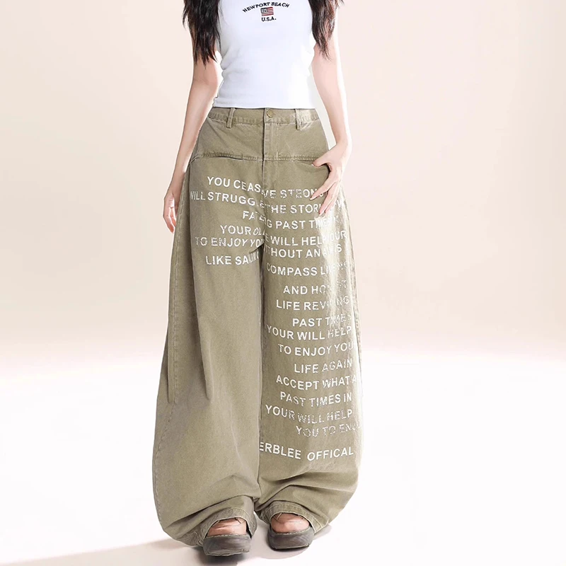 Girls Chic Letter Printed High Waist Jeans New Female Baggy Straight Leg Denim Trousers Women Classic Retro Fashion Pants