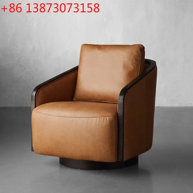 American country solid wood leather sofa chair French vintage living room single sofa balcony swivel lounge chair foreign trade