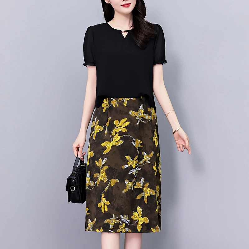 

Fashionable Slimming Large Size Dress Elegant Two-Piece Set Women's Clothing Summer Cotton Polyester Blend Short Sleeve round...