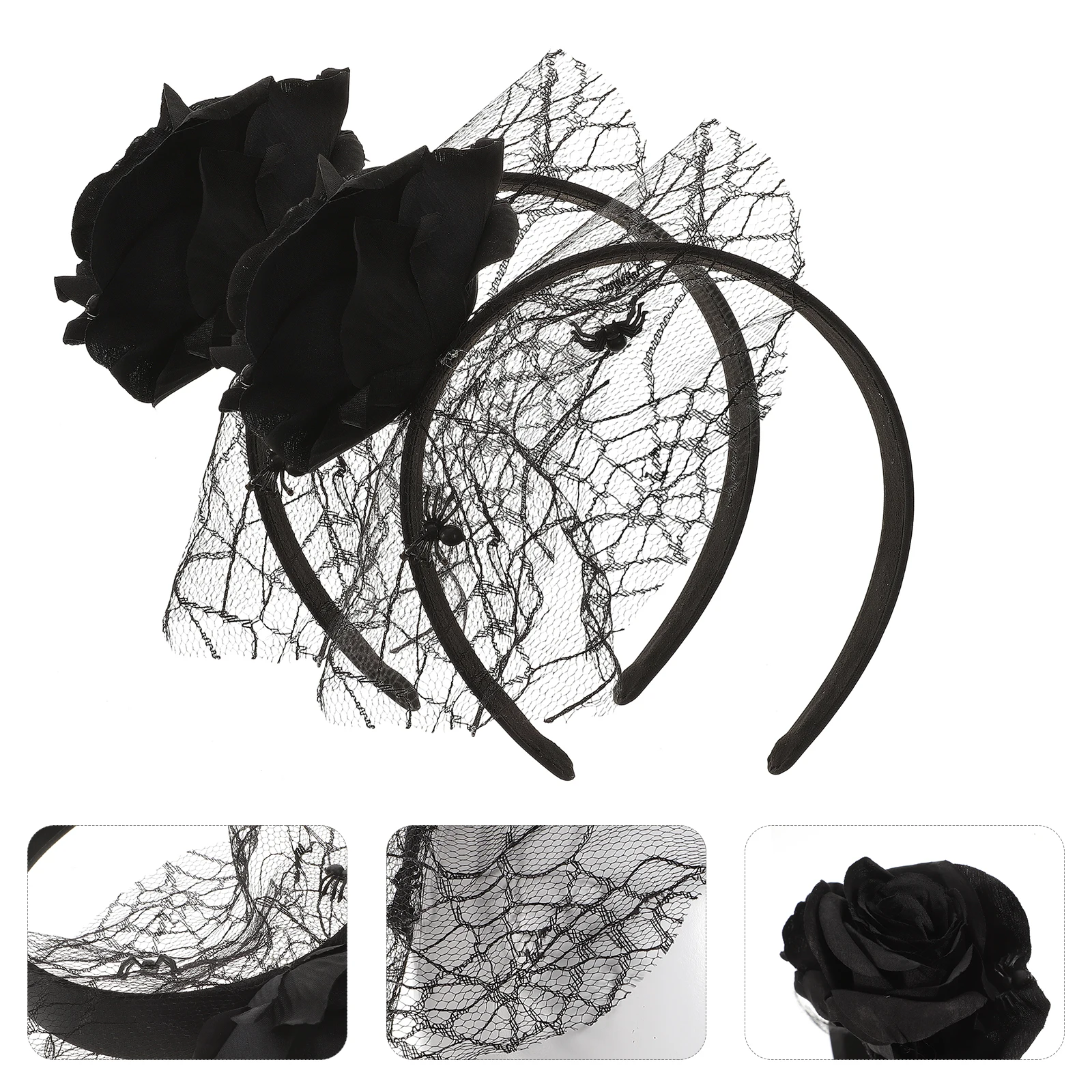 

2Pcs Hair Premium Material Durable Fun Design Halloween Black Rose Gauze Headdress Festival Party Gauze Hair Hoop Prop