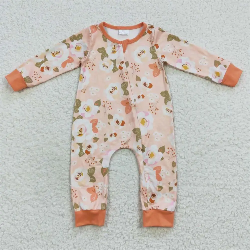 

Wholesale Flower Newborn Baby Girl Zipper Long Sleeve Jumpsuit Kids Children Clothing Toddler Floral Orangel One-piece Romper