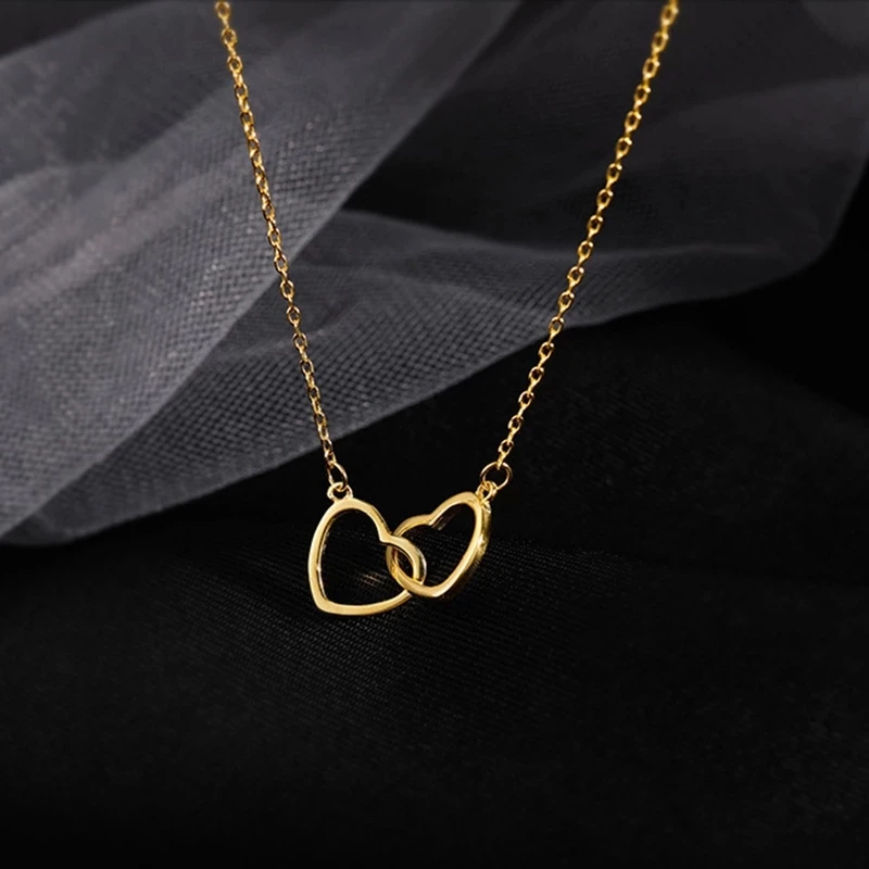 New Simple Double Heart Pendant Necklace for Women Exquisite Geometric Love Clavicle Chain Jewelry Birthday Valentine's Day Gift