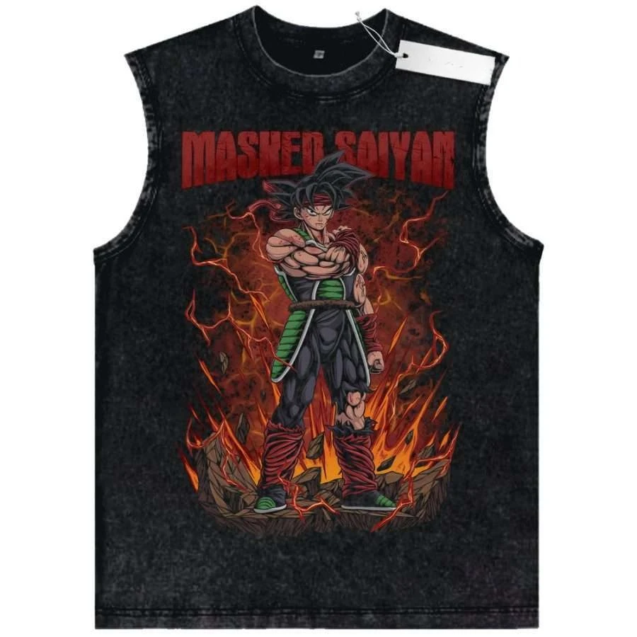 

Мужская черная майка с эффектом потертости 2026 Summer: Dragon Ball, Сайян Гоку, огненный фон. Высококачественная мягкая ткань для фитнеса.