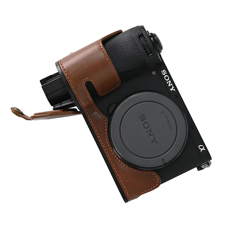 New Arrival PU Leather Bag Body Half Case for SONY A6700 Protective Sleeve Box Base with Hand Strap