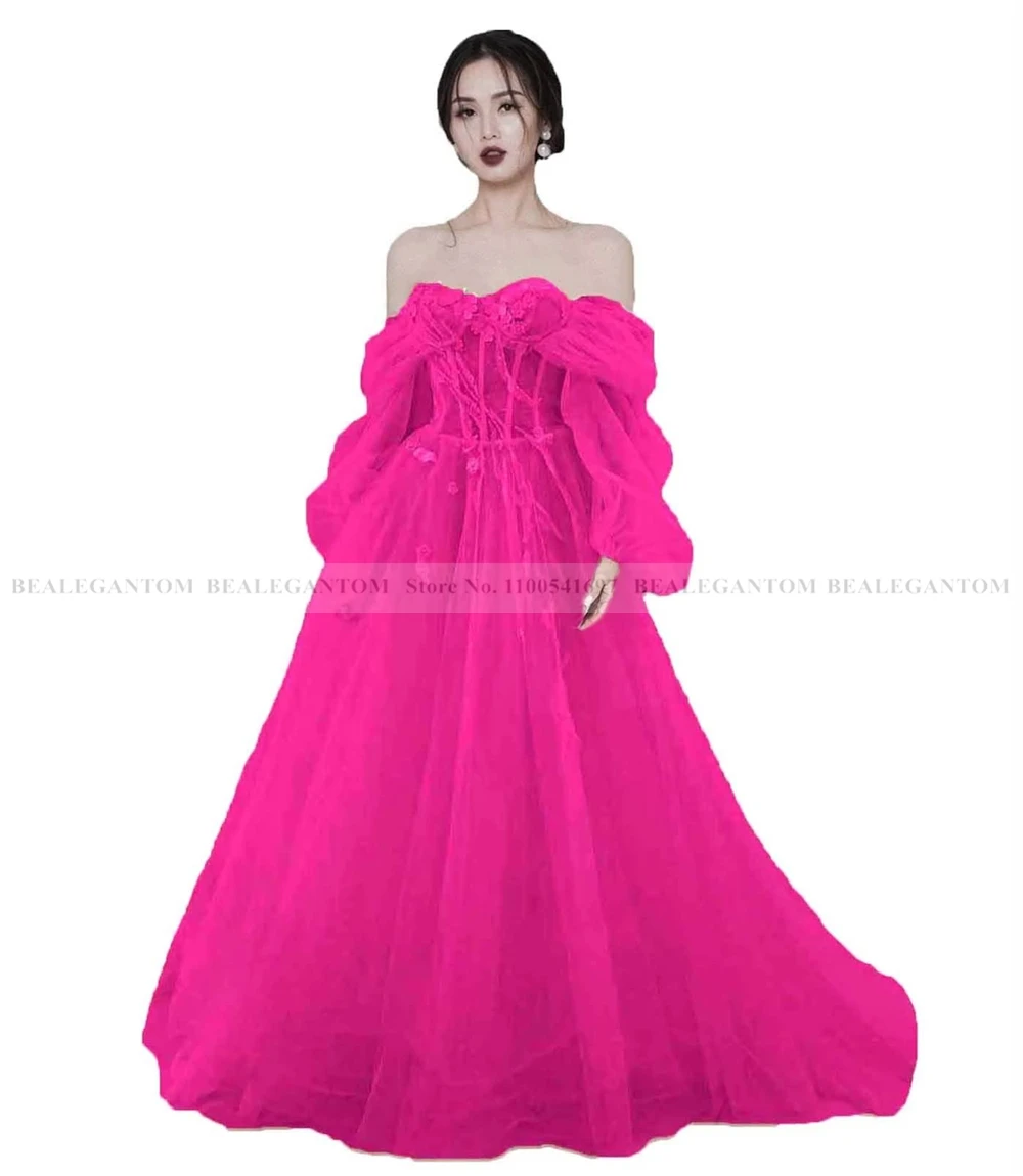 Bealegantom Sexy Bohemia Off Shoulder Prom Dresses Tulle Long Sleeves Formal Occasion Evening Party Gown Robes De Soiree QA205