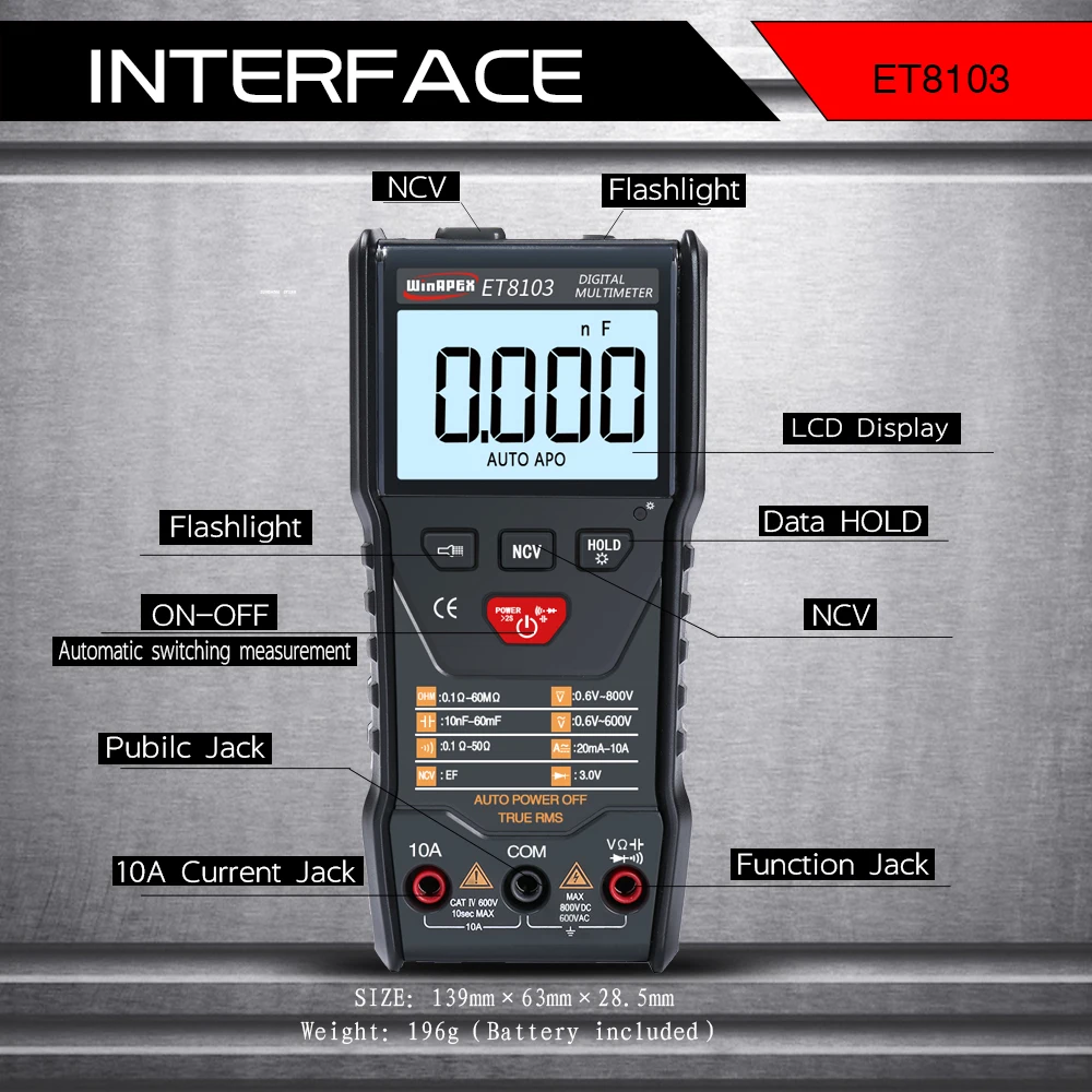 ET8103 High Accuracy Digital Multimeter Handheld Automatic Measurement Digital Multimeter without Battery