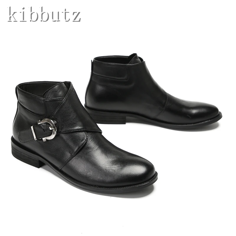 New Round Toe Buckle Strap Ankle Boots Men Black Genuine Leather Short Boots Gentleman Business Formal Dress Shoes