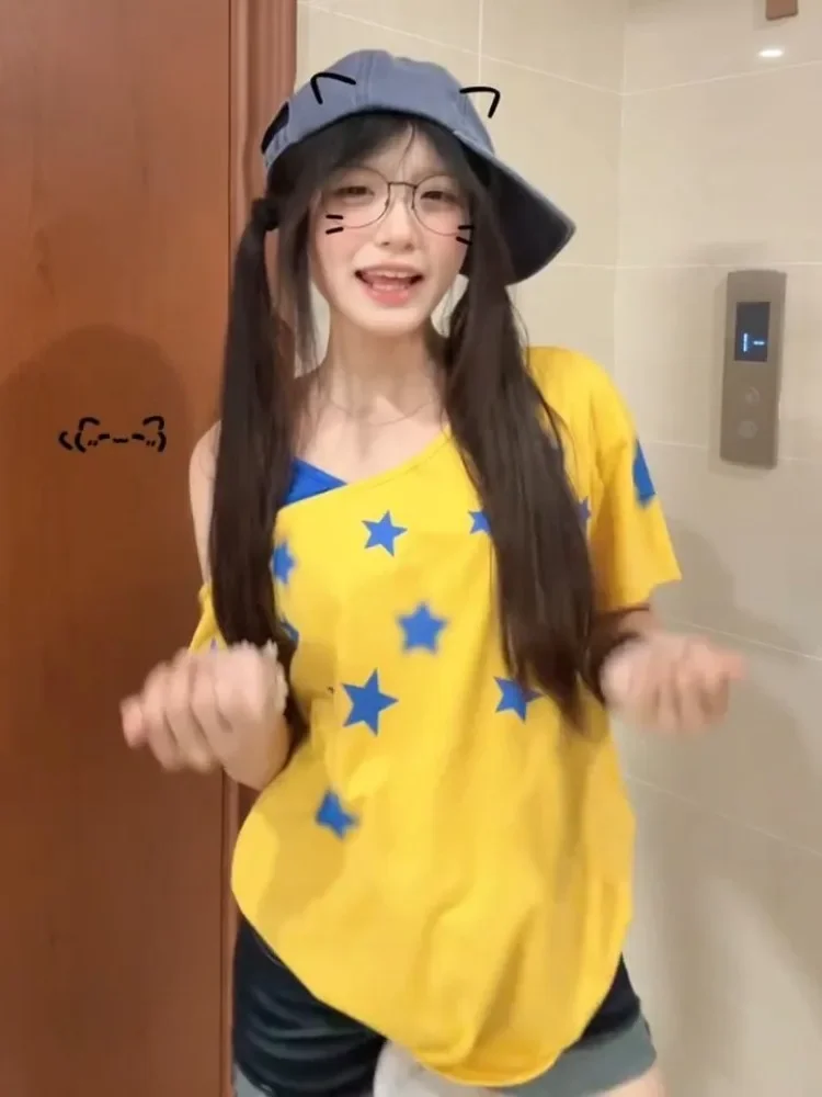 Harajuku Y2K تي شيرت بلوزات غير مغطية للكتف الرسم 2000S المرقعة قصيرة الأكمام تي شيرت اليابانية كبيرة الحجم وهمية قطعتين