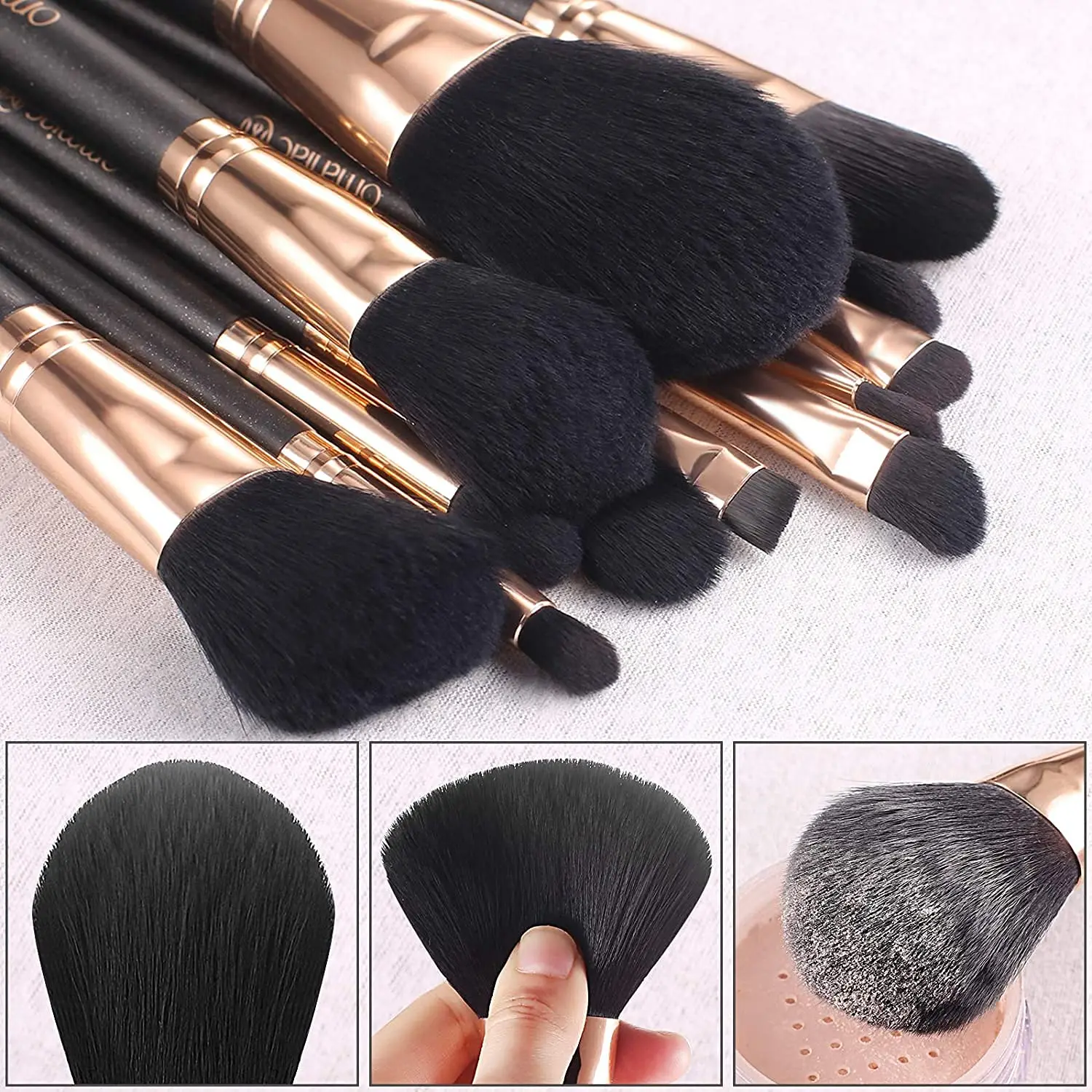 Professional 12-Piece Pearlescent Wood Handle Makeup Brush Set with Travel Case, Cruelty-Free Synthetic Fiber