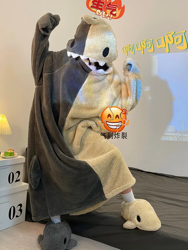 

DAIMELU shark nightgown women's sleepwear winter warm coral fleece cute funny bathrobe hooded nightdress female pajamas girl set