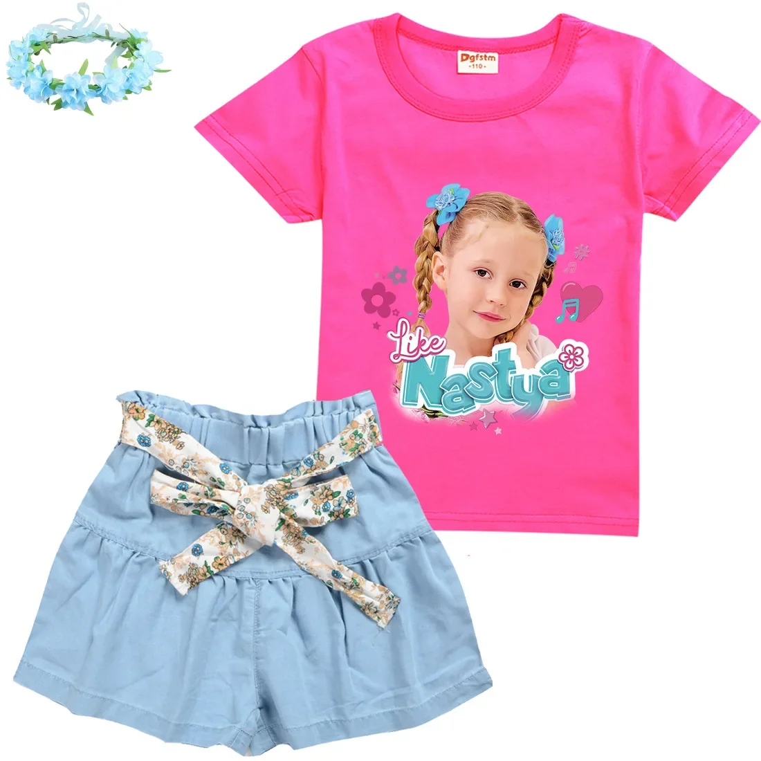 Like Nastya Show Clothes Kids Short Sleeve T-shirt and Big Bow Denim Skirts 2pcs Set Baby Girls Cartoon Vestidos Children's Sets