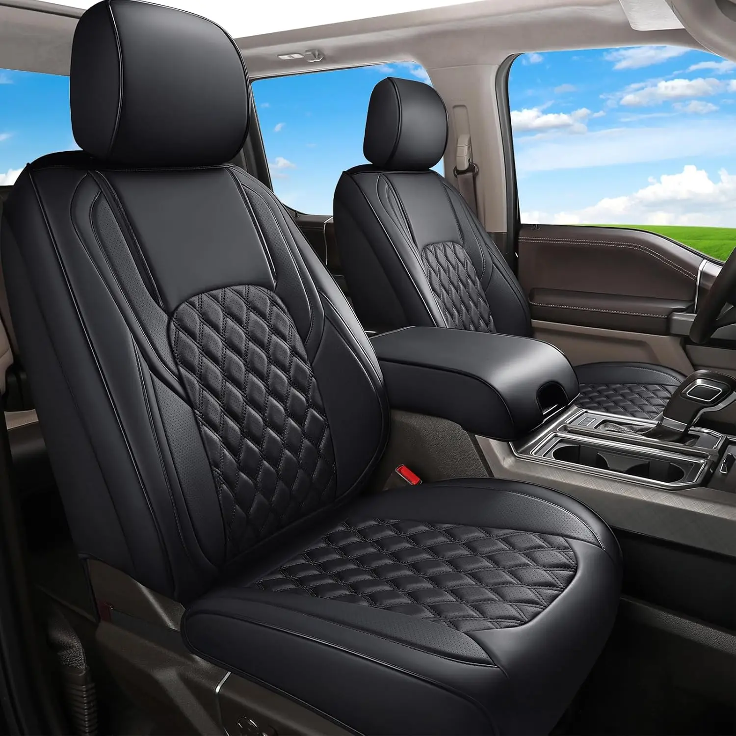 

Leather Seat Covers Full Set Black Fit for Ford F150 SuperCrew 2015-2025 & F250-F450 Super Duty Crew Cab Models