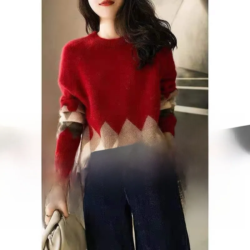 

Long Sve Knitted Sweater Women's Autumn Faion Commute Slim Fit round Ne id Pattern Big Brand Tailored Top
