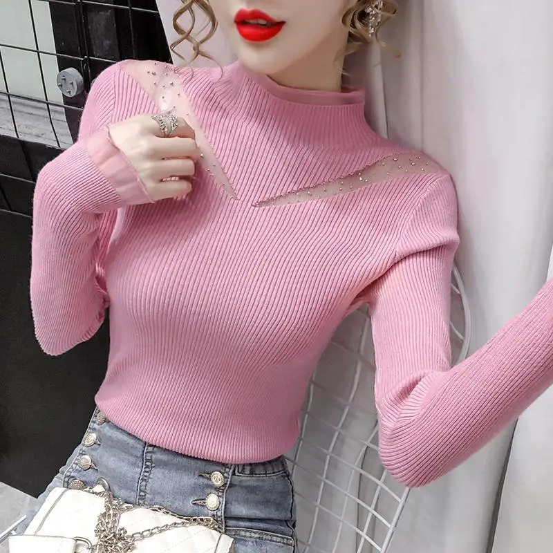 

2024 Hot Drilling Mesh Knitted Sweater Spring Autumn Elasticity Slim Full Sleeve T-shirt Long Sleeve Office Lady Elegant Shirt