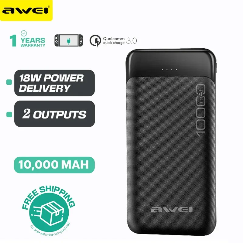 

Awei P37K QC3.0 Portable Power Bank 10000mAh For IOS&Android Mobile Phone Powerbank With 2USB Fast Charge External Spare Battery