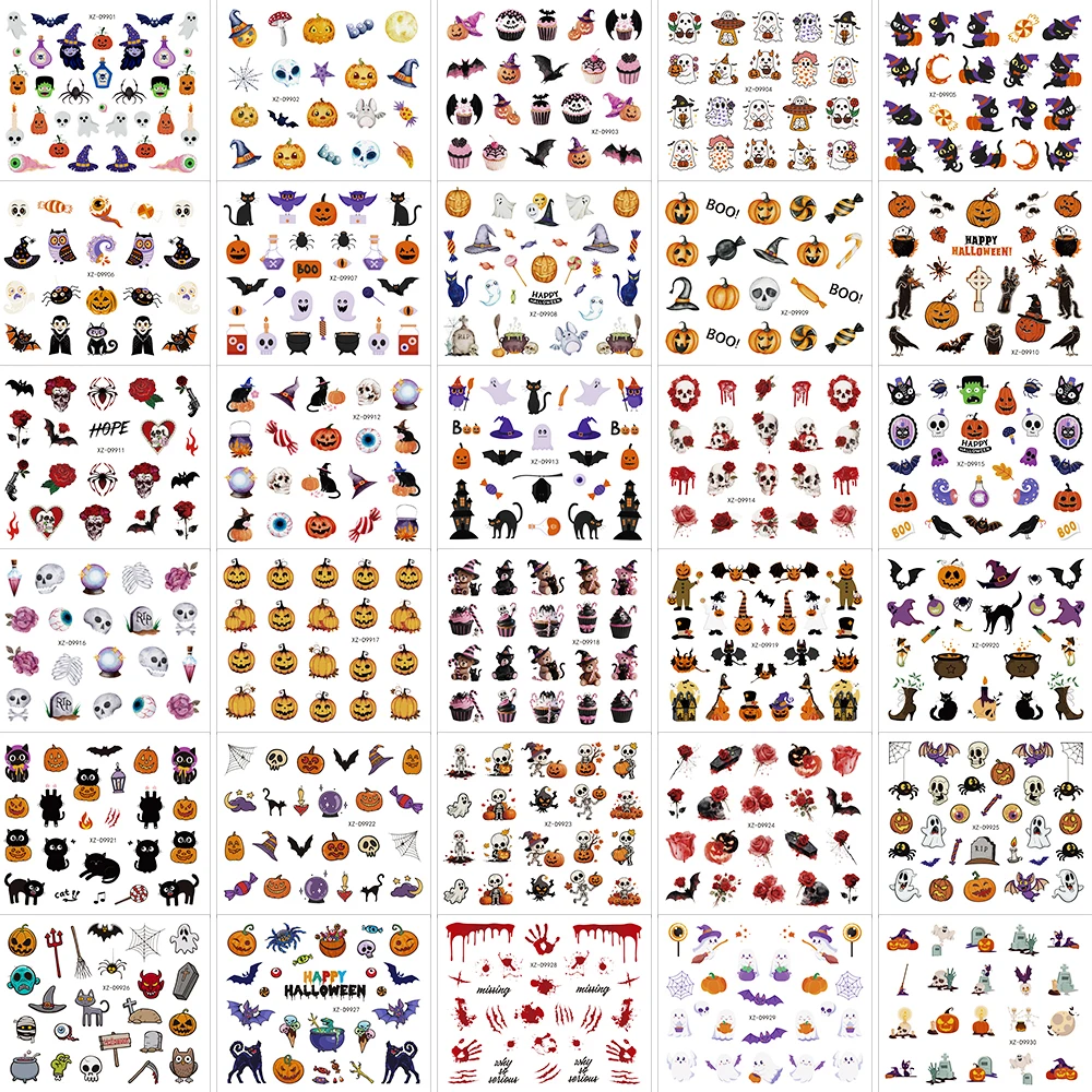 30 unidades de pegatinas 3D para uñas de Navidad y Halloween, sangre de terror, mano, rosa, calavera, gato negro, araña, calabaza, calcomanías adhesivas para uñas, deslizadores de uñas