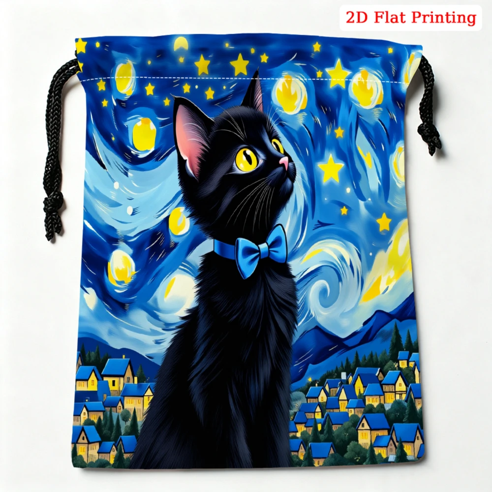 1Pc Starry Night Black Cat Drawstring Bag Blue Yellow Print Storage Small Pouch For Glasses Cosmetics Travel Organizer Portable