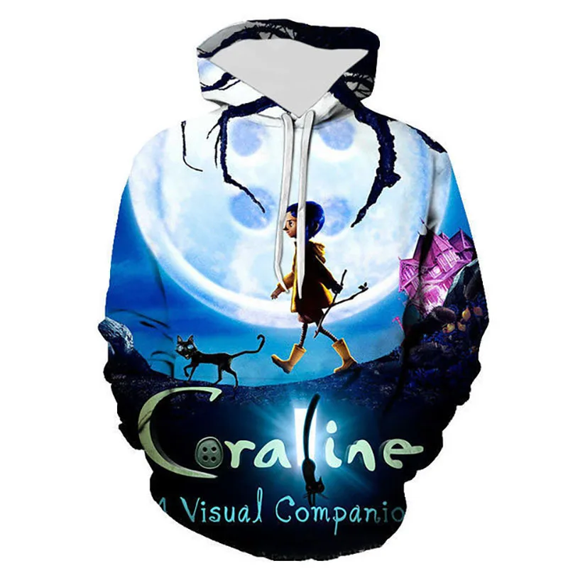 Sudadera con capucha de dibujos animados para hombre y mujer, suéter con estampado 3D de Coraline, ropa de chándal informal de gran tamaño, otoño