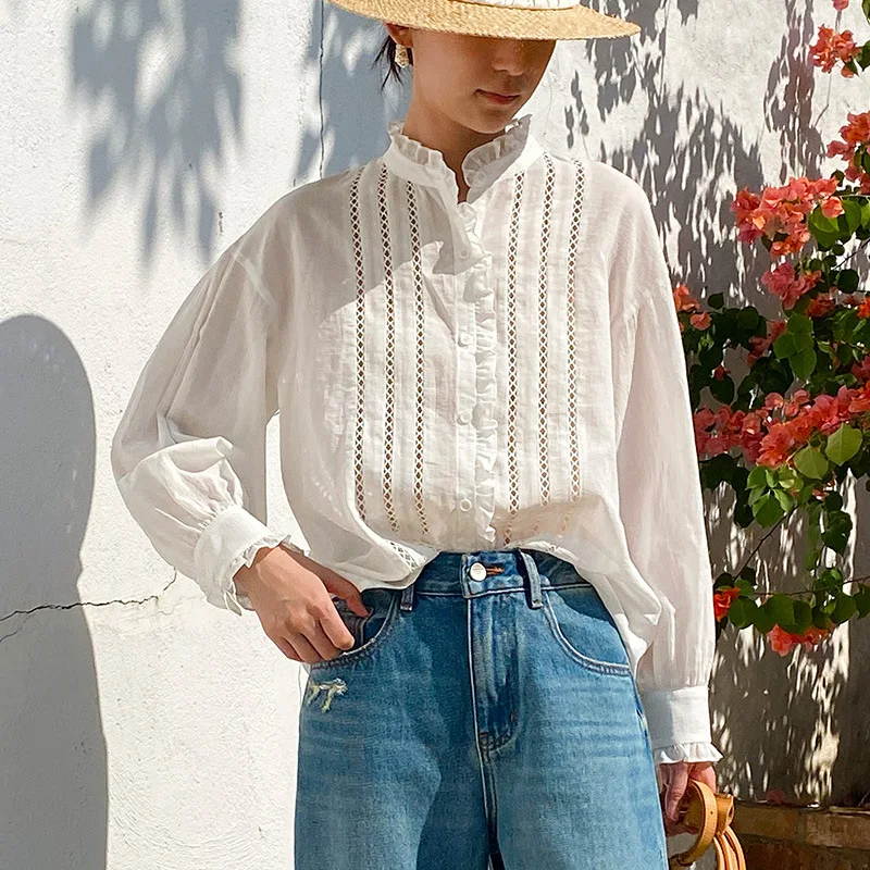 

Cotton French embroidered shirt for women, long sleeved loose white shirt for women, casual vacation style women's clothing