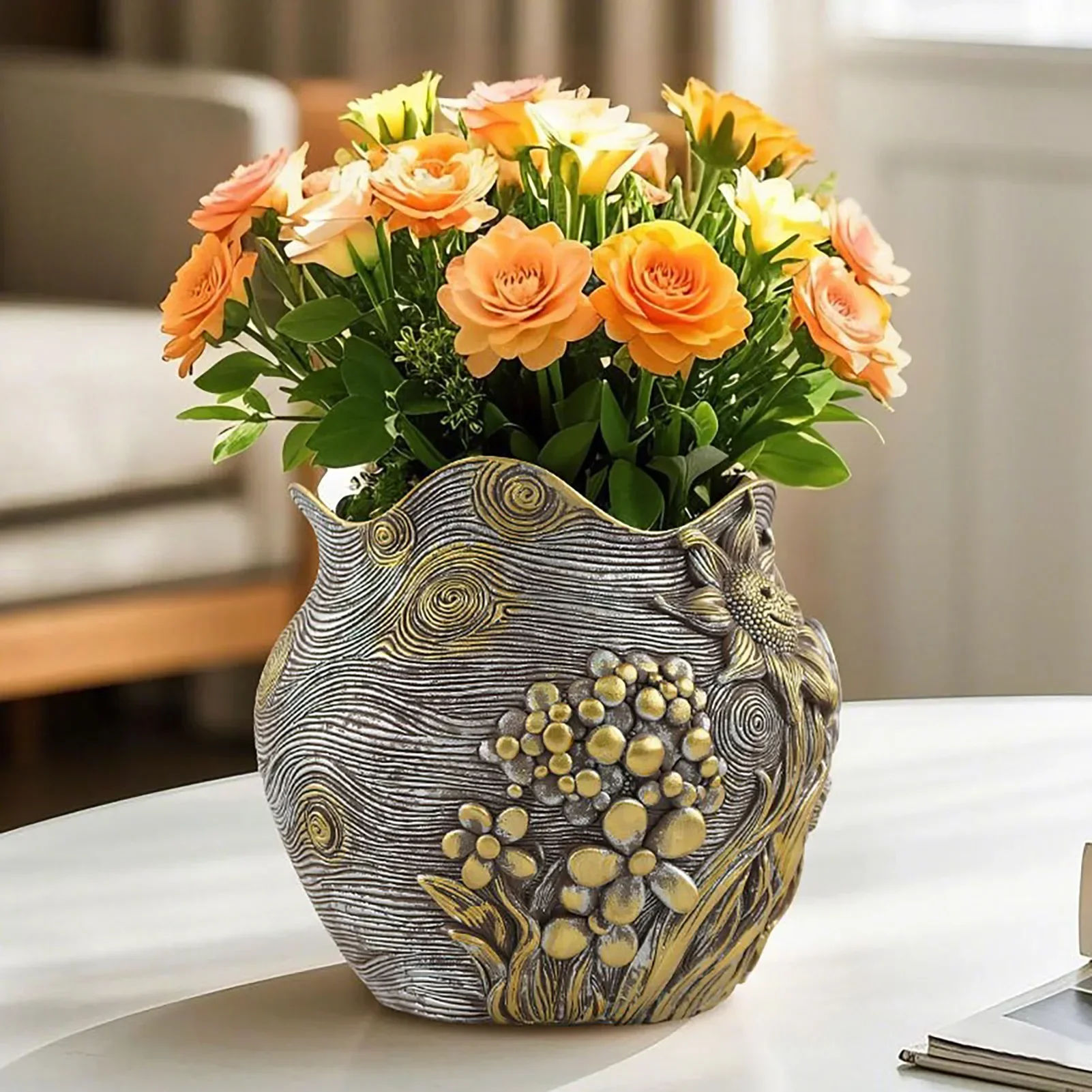 Artistic Sunflower-Themed Resin Flower Pot, Golden Luxury Decorative Planter with Drainage Hole for Small Plants & Home Ornament