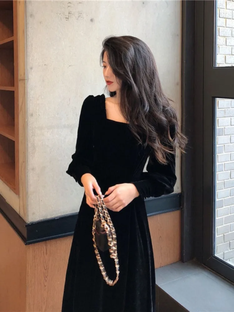 Vintage Long Sleeve Square Solid Color Mid Long Dresses Women\'s Casual Elegant Classic Office Lady Ladies Dress 2024 Autumn