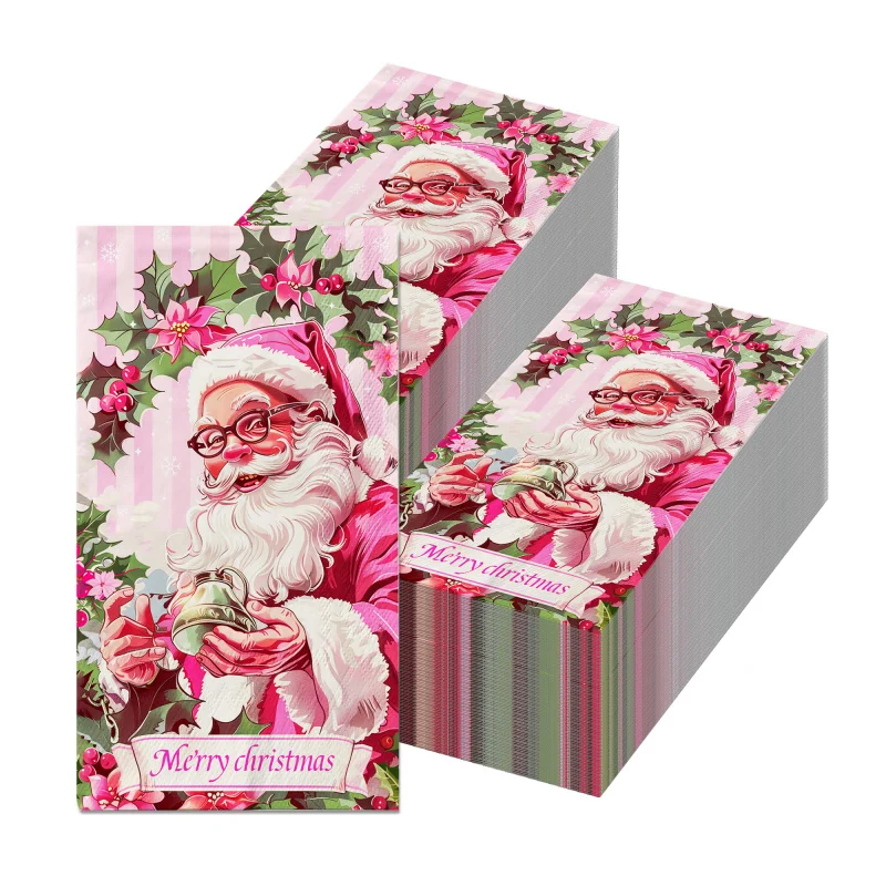 20pcs Christmas Guest Napkins Santa Pink Disposable Paper Tissue Dinner Napkin Bathroom Hand Towels for Xmas Party Supplies