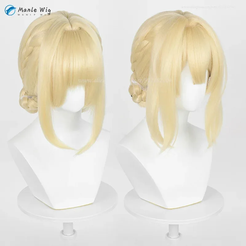 

Anime Violet Evergarden Cosplay Light Blonde 30cm With Buns Heat Resistant Synthetic Hair Halloween Party Wigs + Wig Cap
