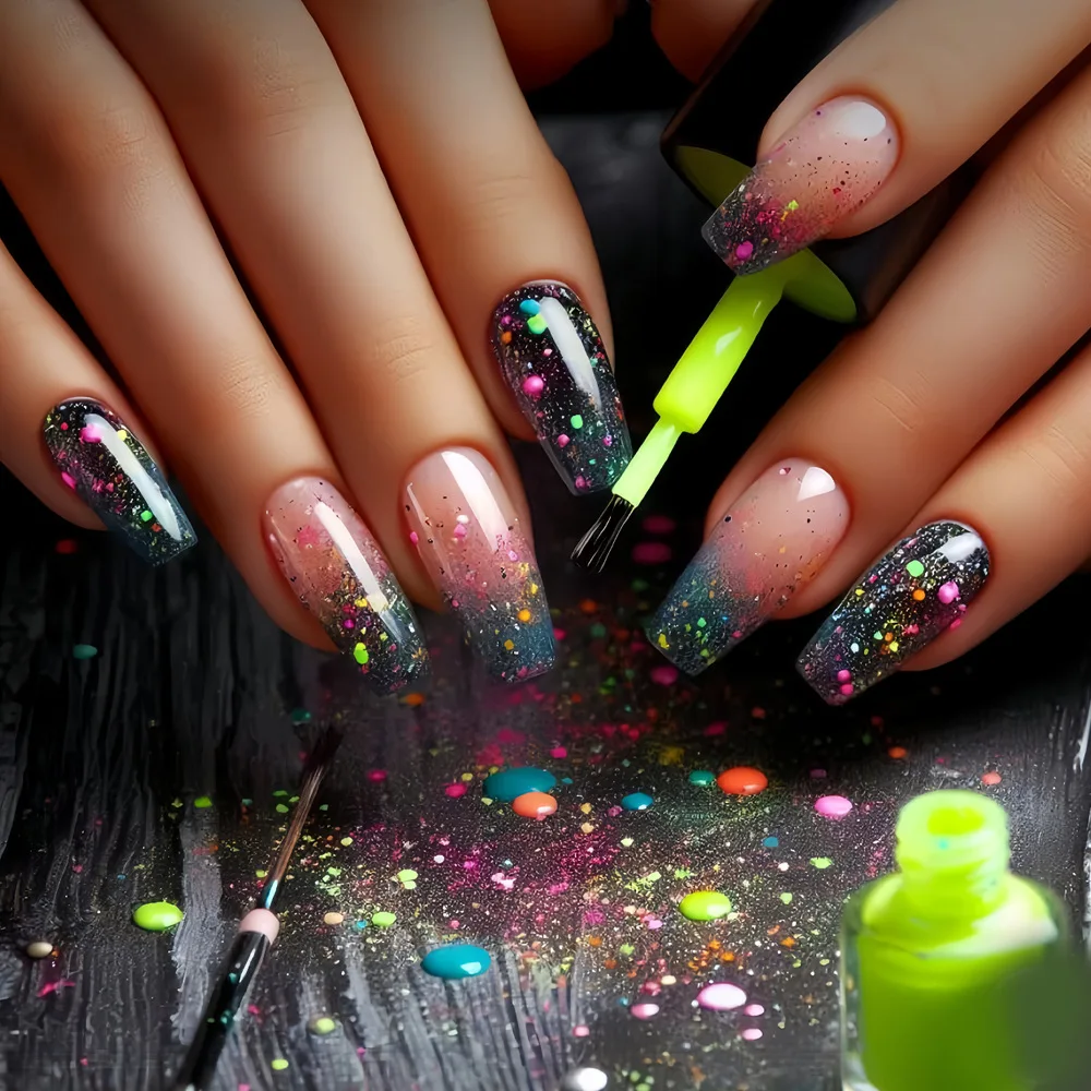 

24PCS Glossy Simple Square False Nail with Glue Glitter Powder French Press on Nails Patch High-quality Wearable Fake Nail Tips