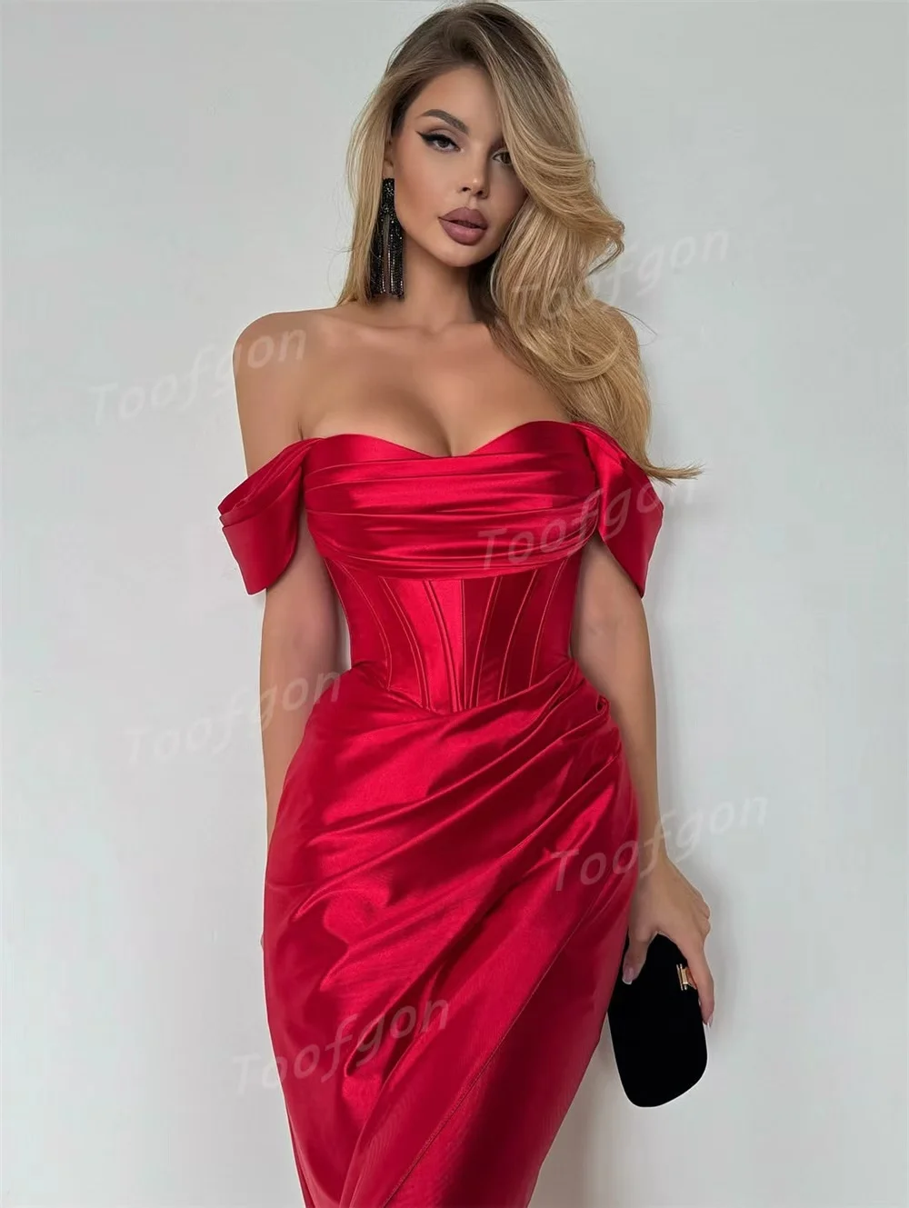 Toofgon feminino robe de soirée sereia vestidos de noite espartilho volta vestido de festa fora do ombro plissados vestidos de baile personalizado