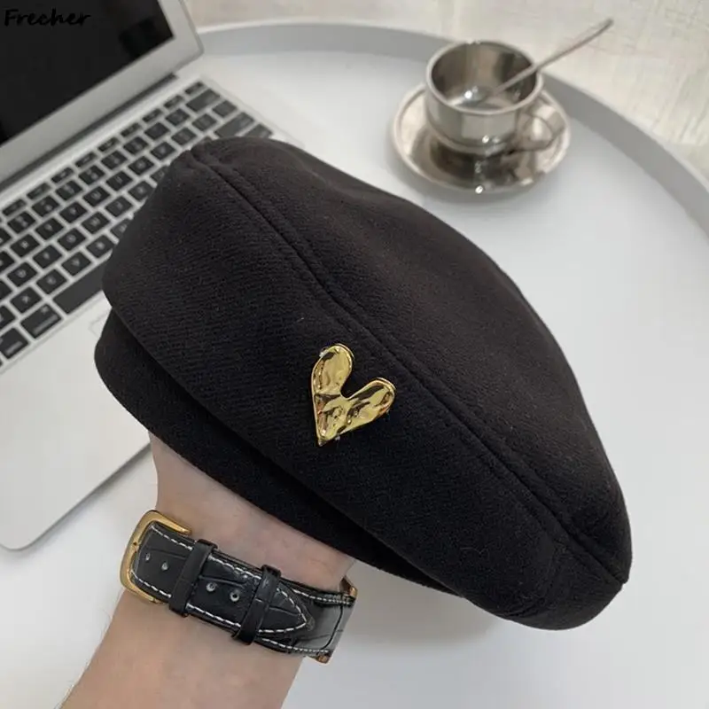 Autumn Winter Berets Hats Metal Love Heart Painter Hat Women Newsboy Caps Wedding Party Fashion Vintage Wool Beret Cap Artist