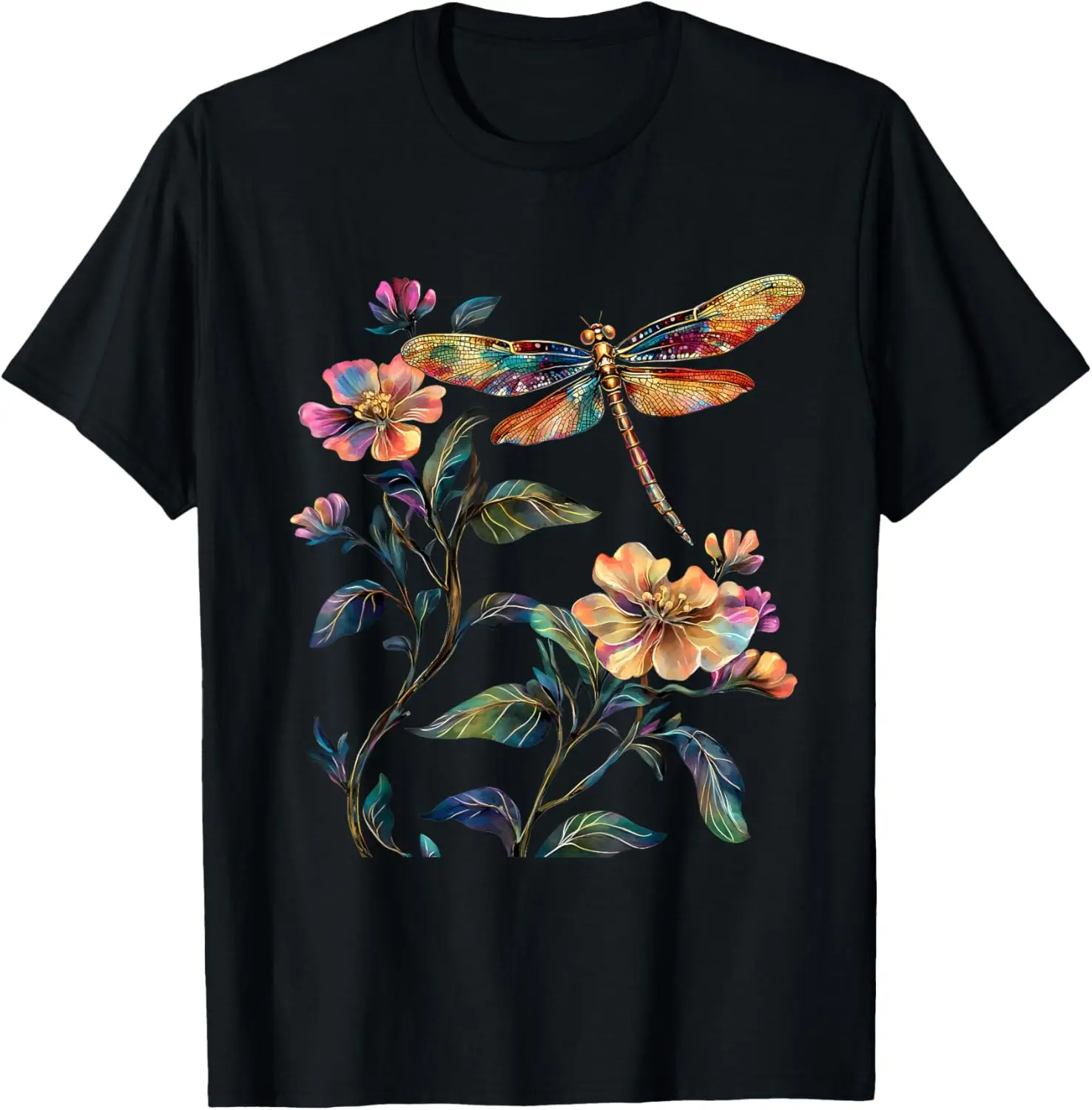 Colorful Dragonfly Flower Art Graphic Tee Breathable Cotton Short Sleeve T-Shirt
