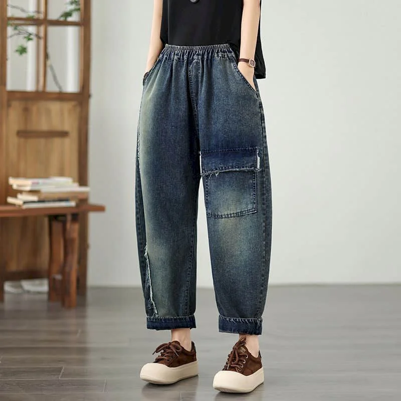 

Женские модные джинсы-багги с эффектом потертости, повседневные свободные брюки-шаровары в стиле ретро с пэчворком, на резинке, уличная одежда для женщин