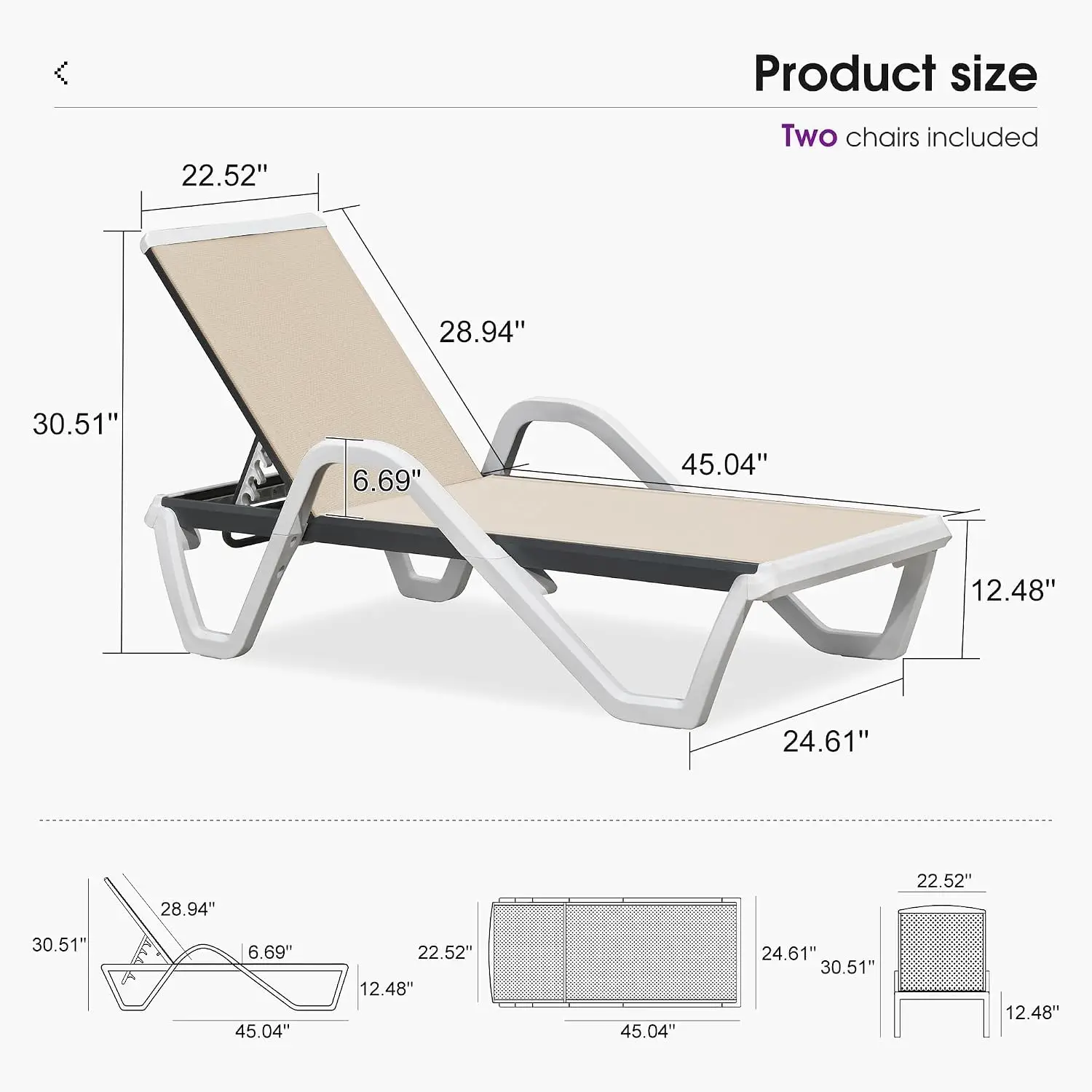 Lounge Chair Outdoor Set of 2 w/Armrest & 1 Table, Khaki | Easy Assembly, Rustproof, A matching side table keeps, Customized