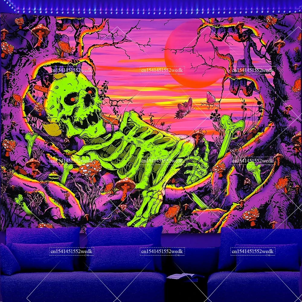 Skeleton Black Light Tapestry UV Reactive Trippy Galaxy Planets Neon Tapestry Mushroom Fluorescent Tapestries Aesthetic Backdrop