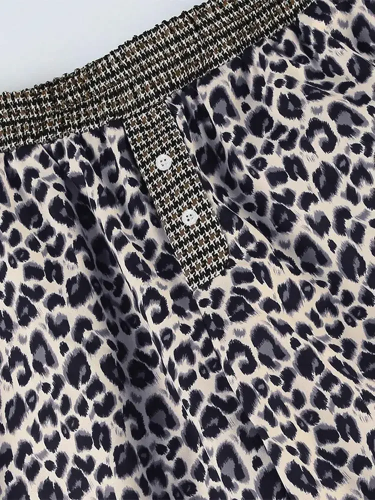 Pantalones con estampado de leopardo para mujer, pantalón holgado elástico de cintura alta con botones, a la moda, de gran tamaño, para otoño, 2024