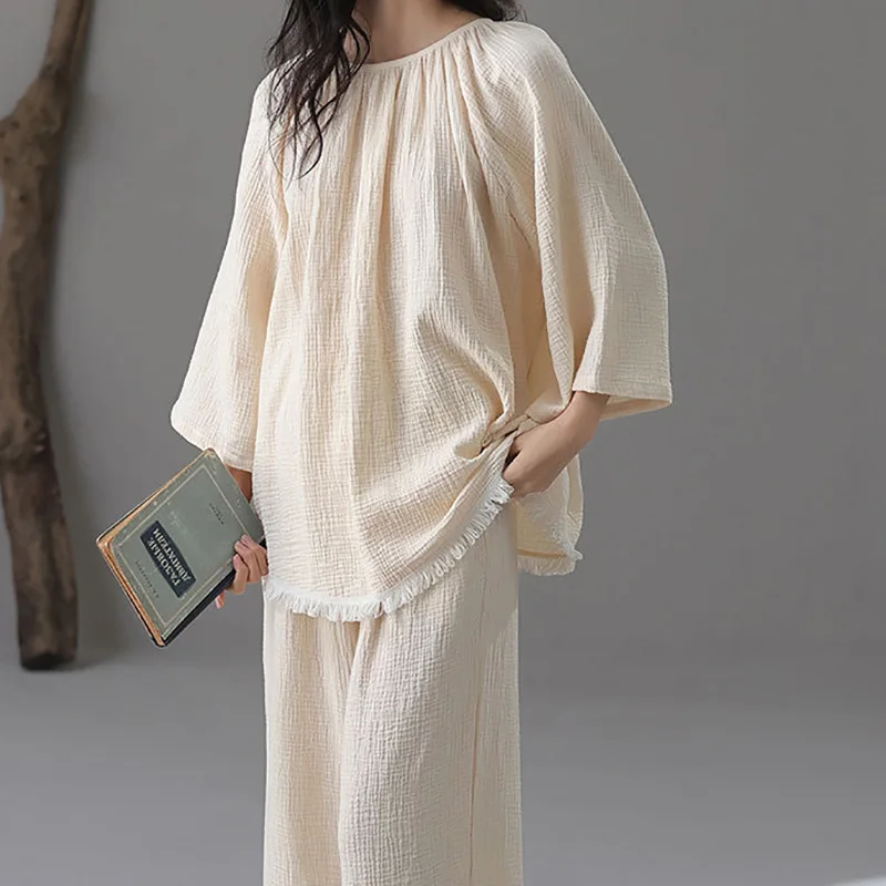Double-layer Yarn Autumn Cotton Pajamas Two Piece Sets for Women Comfortable Lightweight Cotton Yarn Loose Home Suit