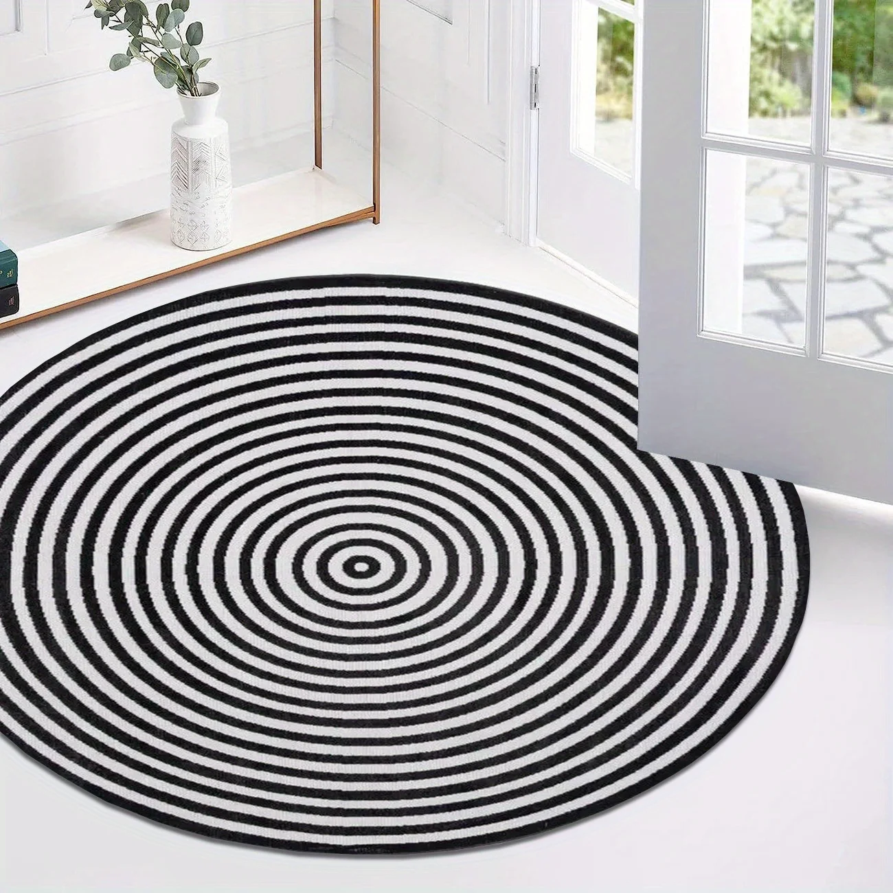 Black White Concentric Circle Optical Illusion Round Rug Flannel Non Slip Modern Geometric Floor Mat for Entryway Living Room