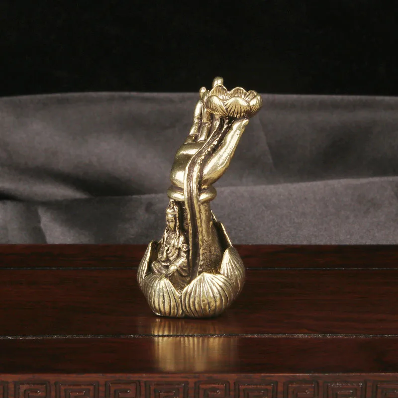Vintage Brass Guanyin Lotus Buddha Hand Backflow Incense Burner Desktop Decor Zen Copper Craft Tea Pet Antique Collectible Ornam view 3