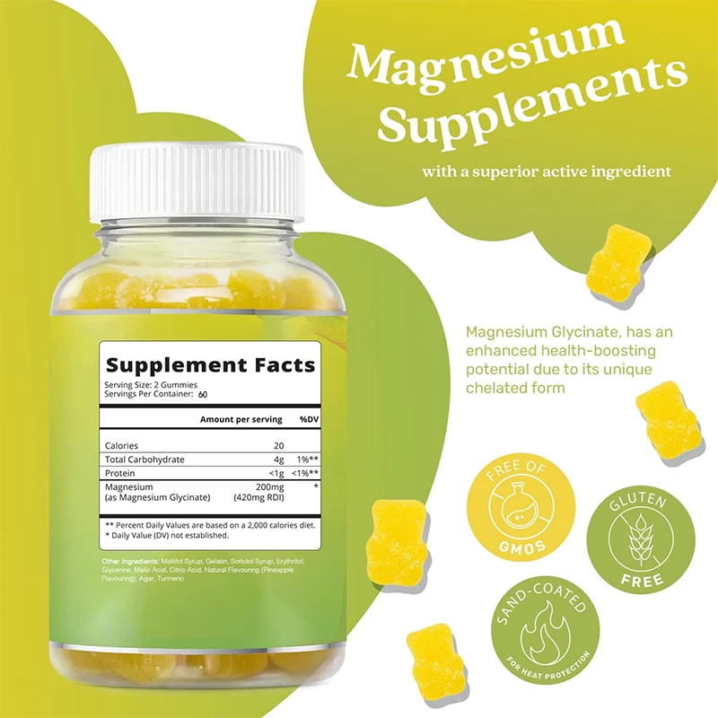 Magnesium Gummies | Magnesium Glycinate Supplements for Relaxation, Stress Relief for Adults -Tasty and Tangy Pineapple Flavor