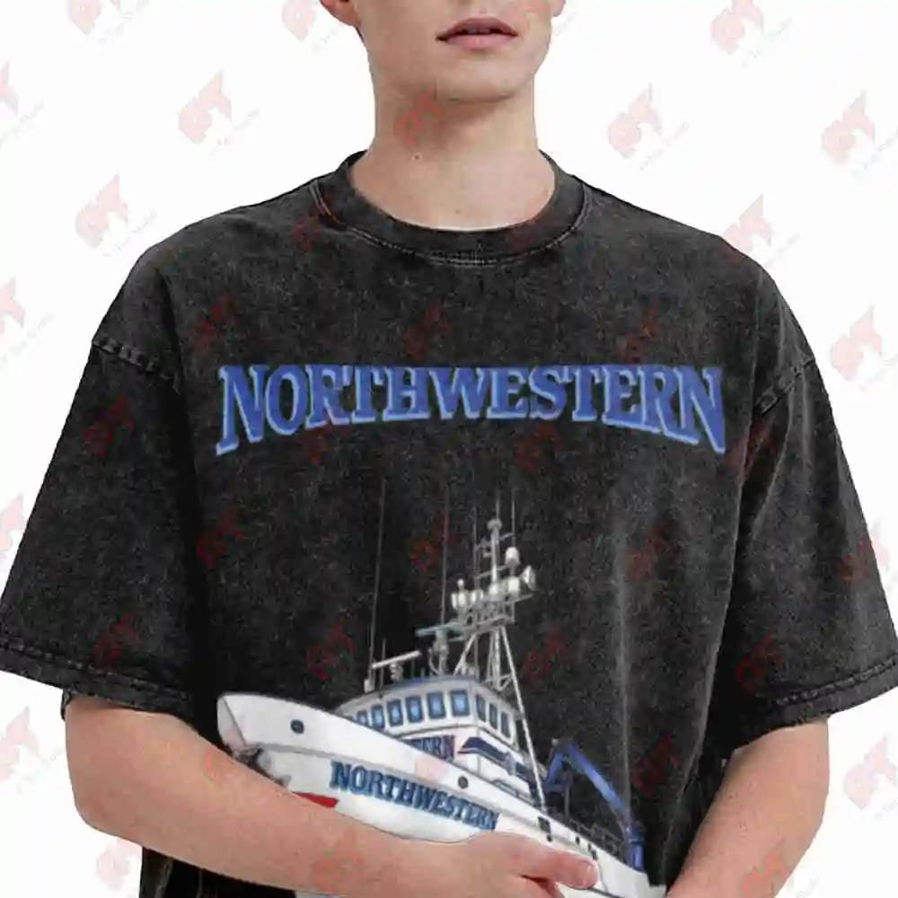 Northwestern Crab Boat Vintage Washed Tee Pure Cotton T-Shirt