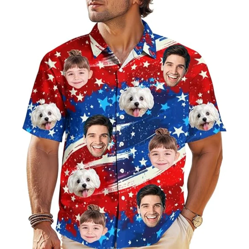 

Гавайская рубашка на заказ с лицом/домашним животным, гавайские рубашки с персонализированным логотипом и коротким рукавом для мужчин, летняя рубашка на пуговицах на заказ