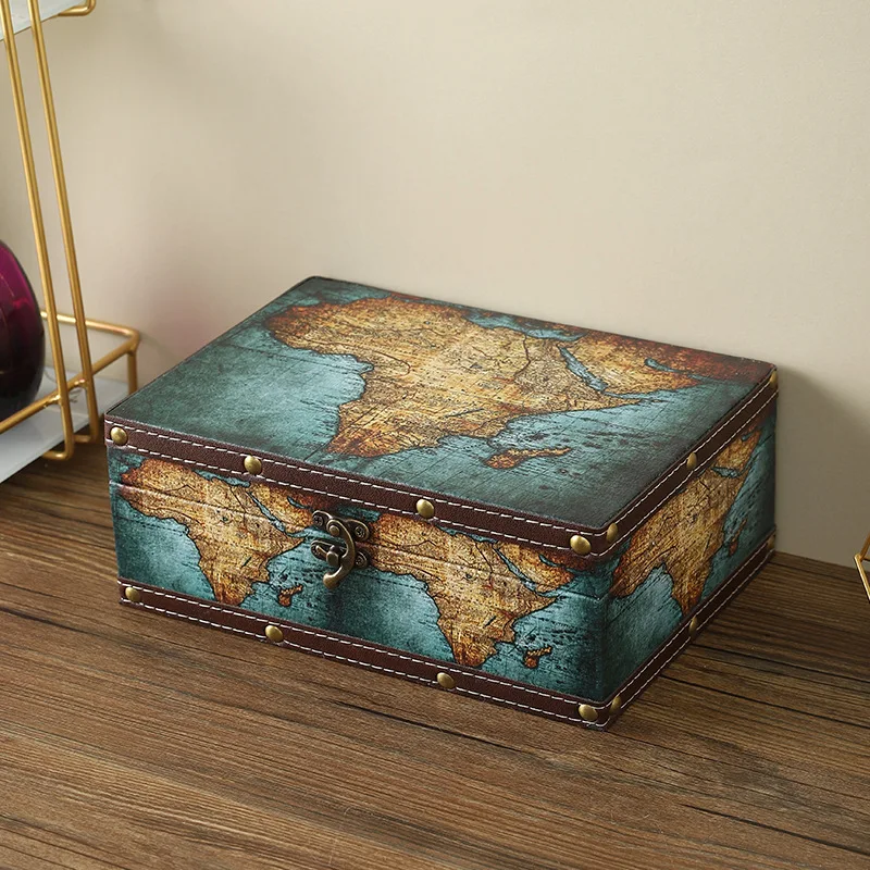 

Vintage Green Map Leather Storage Box - Wooden Document Organizer with Clasp, Desktop Dustproof Case