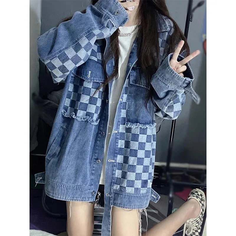 Ladies New Spring  Autumn Checkerboard Stitching Cardigan Denim Jacket Women's 2024 Retro Fashion Loose Jacket Comfortable Top