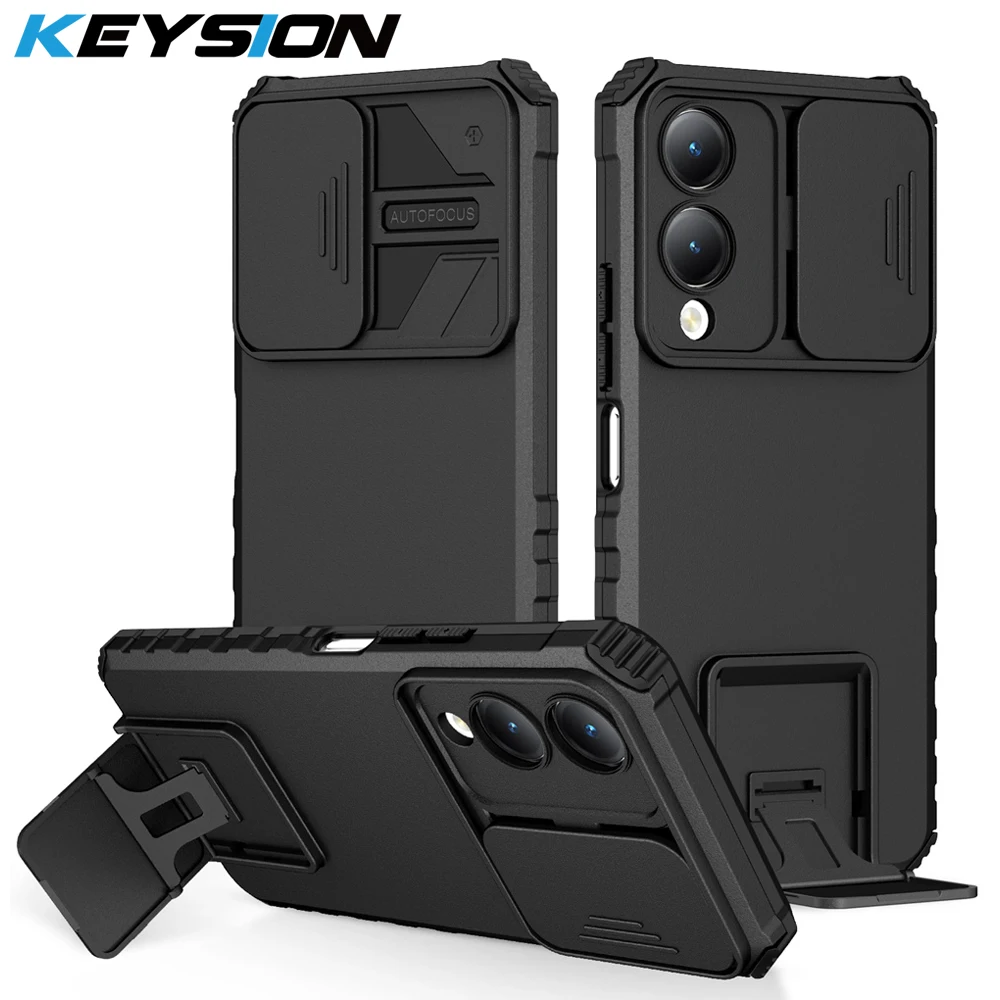 KEYSION Shockproof Armor Case for VIVO Y17S Slide Push Pull Camera Lens Protection Live Stand Phone Back Cover for VIVO Y17S