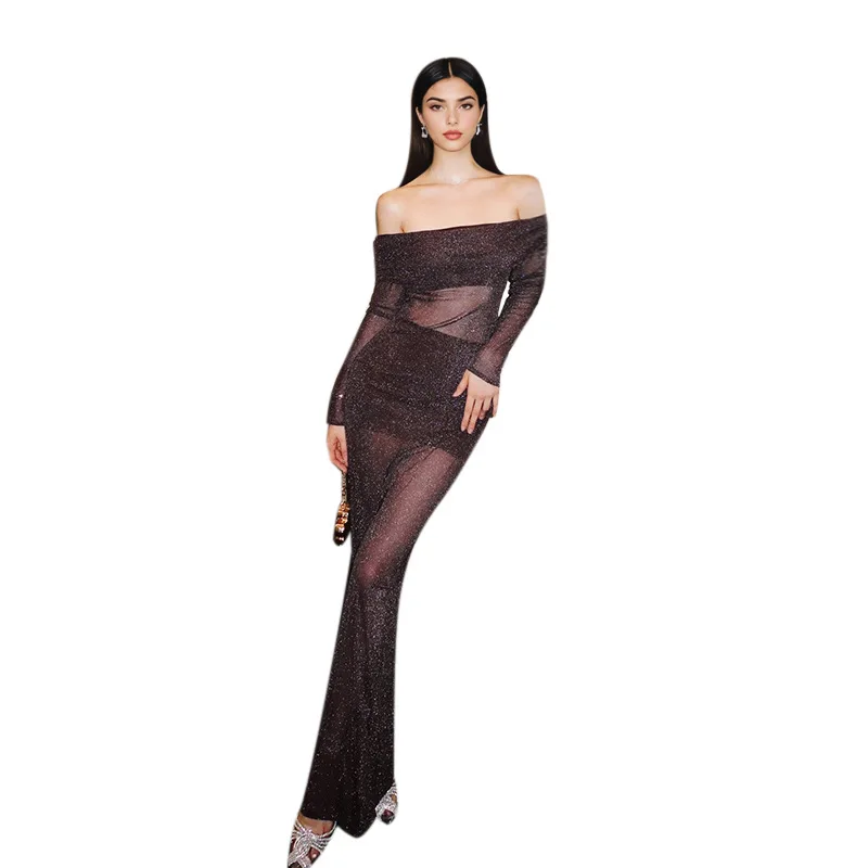 เดรสแขนยาวเปิดไหล่สไตล์ยุโรปและอเมริกา เนื้อผ้าบางเบาเงางาม ทรงเข้ารูปสำหรับฤดูใบไม้ร่วง