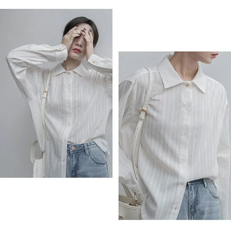 

White Long-sleeved Shirt Women 2025 Spring Summer Vintage Loose Turndown Collar Blouse Woman Elegant Single-breasted Shirts