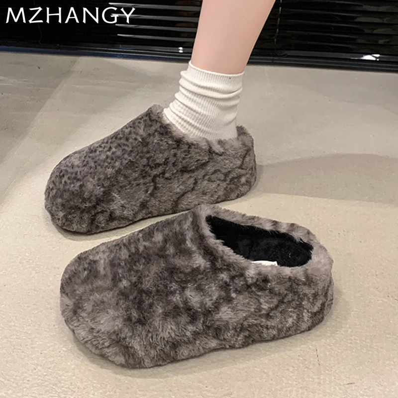 Frauen Pelz Wohnungen Baumwolle Hausschuhe Winter Casual Baumwolle Schuhe Frau 2025, Trend Mode Slingback Warme Gemütliche Schnee Stiefel Flip-Flops