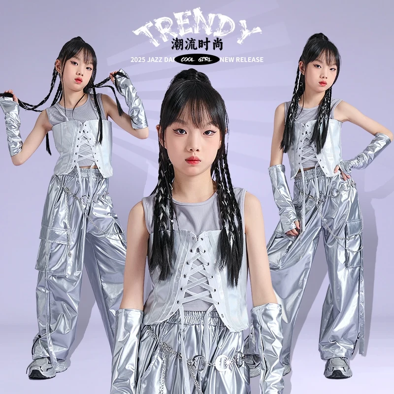 

2025 Ballroom Hip Hop Dance Performance Costumes For Girls Sliver Kpop Outfits Kid Street Wear Jazz Dance Stage Clothes DQS19492