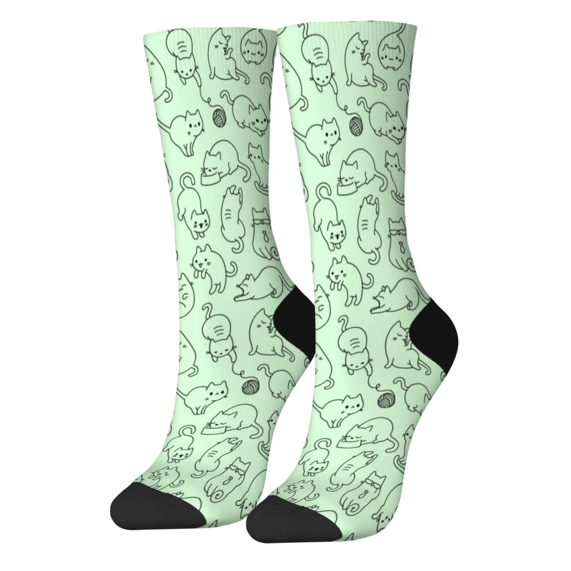 Meias artísticas de desenho animado kawaii, adorável detalhe multi-gato em verde menta, meias elásticas unissex para amantes de gatos da moda